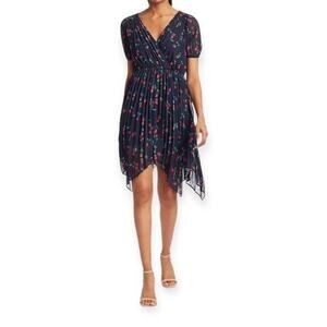 The Kooples Navy and Red Floral Asymmetrical Dress